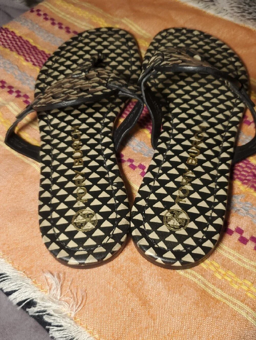Tory Burch Miller Black&Cream Geometric Thong Sandals Size 7.5